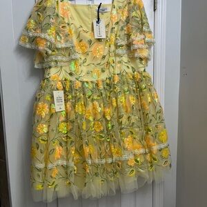 JessaKae Yellow Dress with Floral Sequin Embroidery
